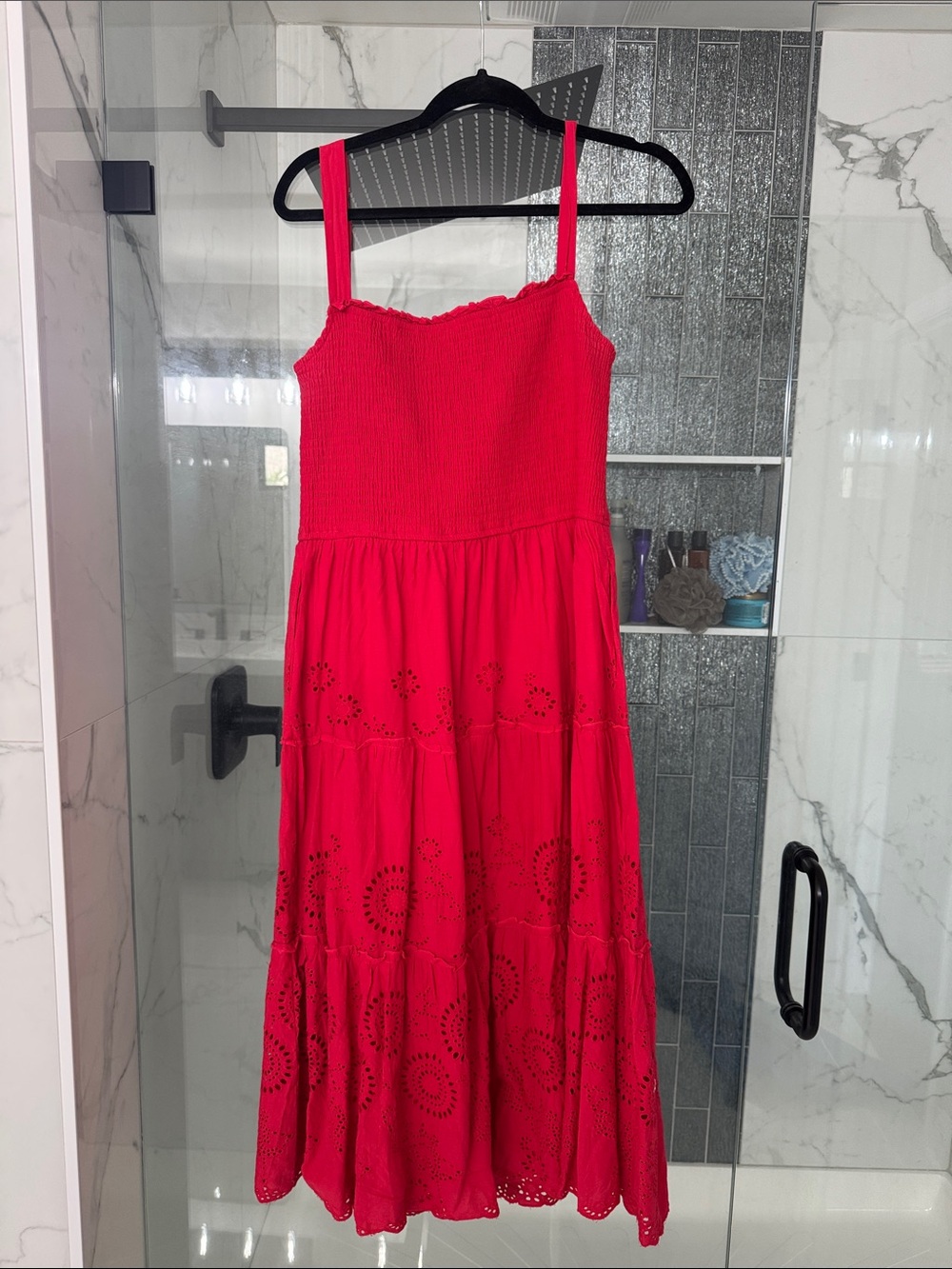 Bright Red Eyelet Maxi Dress with Smocked Bodice